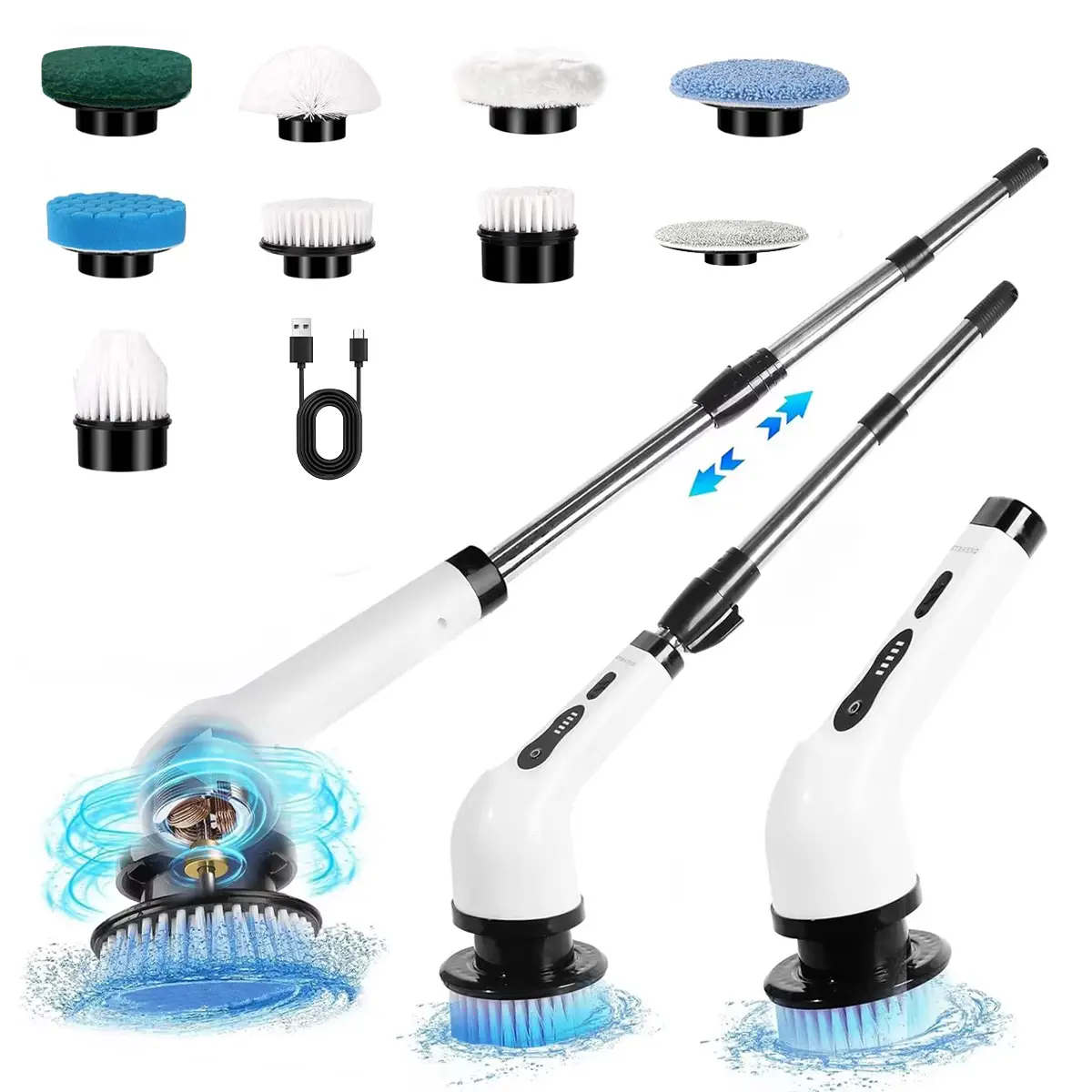 Cordless Electric Spin Scrubber with Adjustable & Detachable Handle, Dual Speeds Cleaning Brush Scrubber with 9 Replaceable Brush Heads and Display