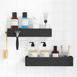 2 Pack Large Black Shower Caddy, No-Drill Adhesive Bathroom Organizer, Rustproof Metal Shelves