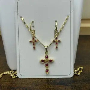 Earrings & Necklace Set with Red Stones Gold Laminated Cross Design