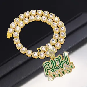 Miami Hip-Hop Style Money 'RICH' Letter Pendant with Exquisite Square Rhinestone Necklace Perfect for Weddings Valentine's Day and Mother's Day Gifts a Beautiful Accessory for Special Occasions