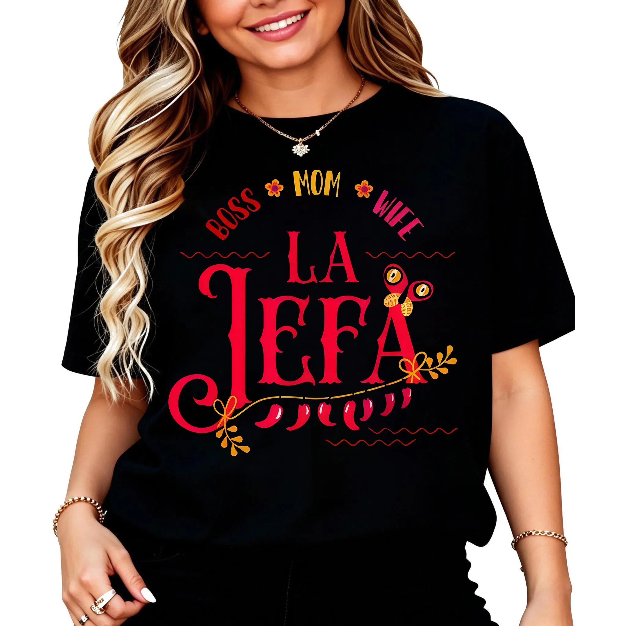 Women's 100% Cotton Short-Sleeve T-Shirt, Comfortable Fashion Crewneck Top with Latin-Mexican Mother's Day/Boss Mom/La Jefa Prints, Vintage Everyday Summer Vacation Outfit