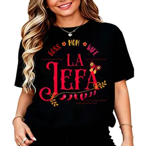 Women's 100% Cotton Short-Sleeve T-Shirt, Comfortable Fashion Crewneck Top with Latin-Mexican Mother's Day/Boss Mom/La Jefa Prints, Vintage Everyday Summer Vacation Outfit