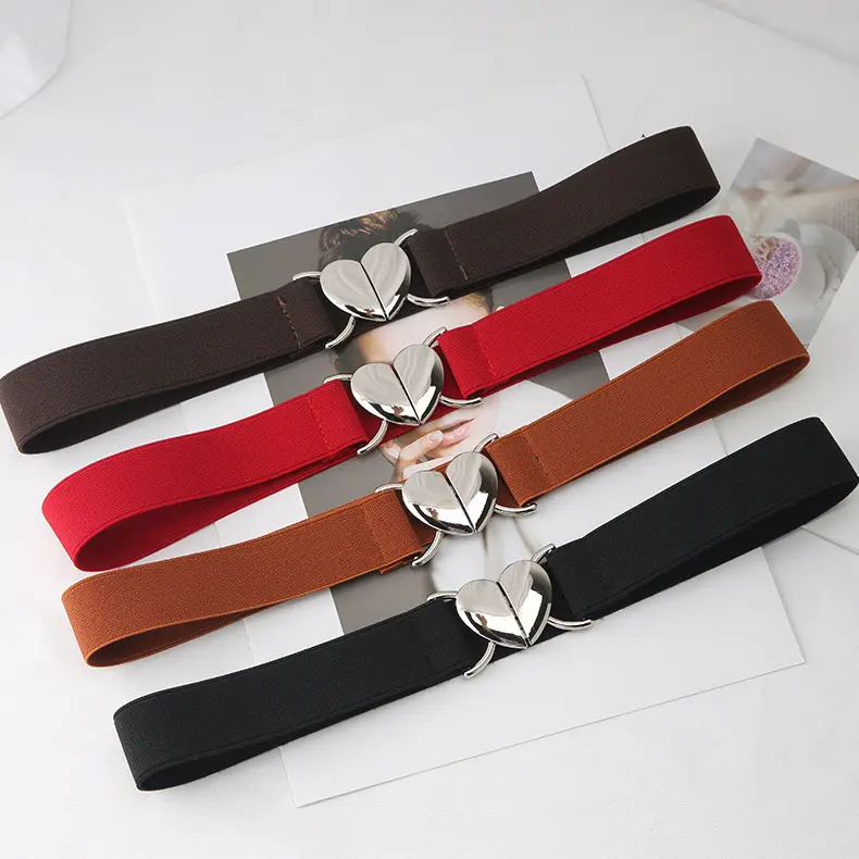 Cute Heart Buckle Elastic Thin Waist Belt for Women, Stretch Narrow Cinch Waistband, Versatile Decorative Stretchy Belt to Match Dresses Daily Outfits