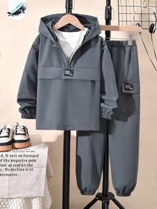 two-piece set boy's solid zip up hoodie & pocket sweatpants set, casual comfort and functionality long sleeve hooded sweatshirt & jogger pants, kids spring & fall clothes