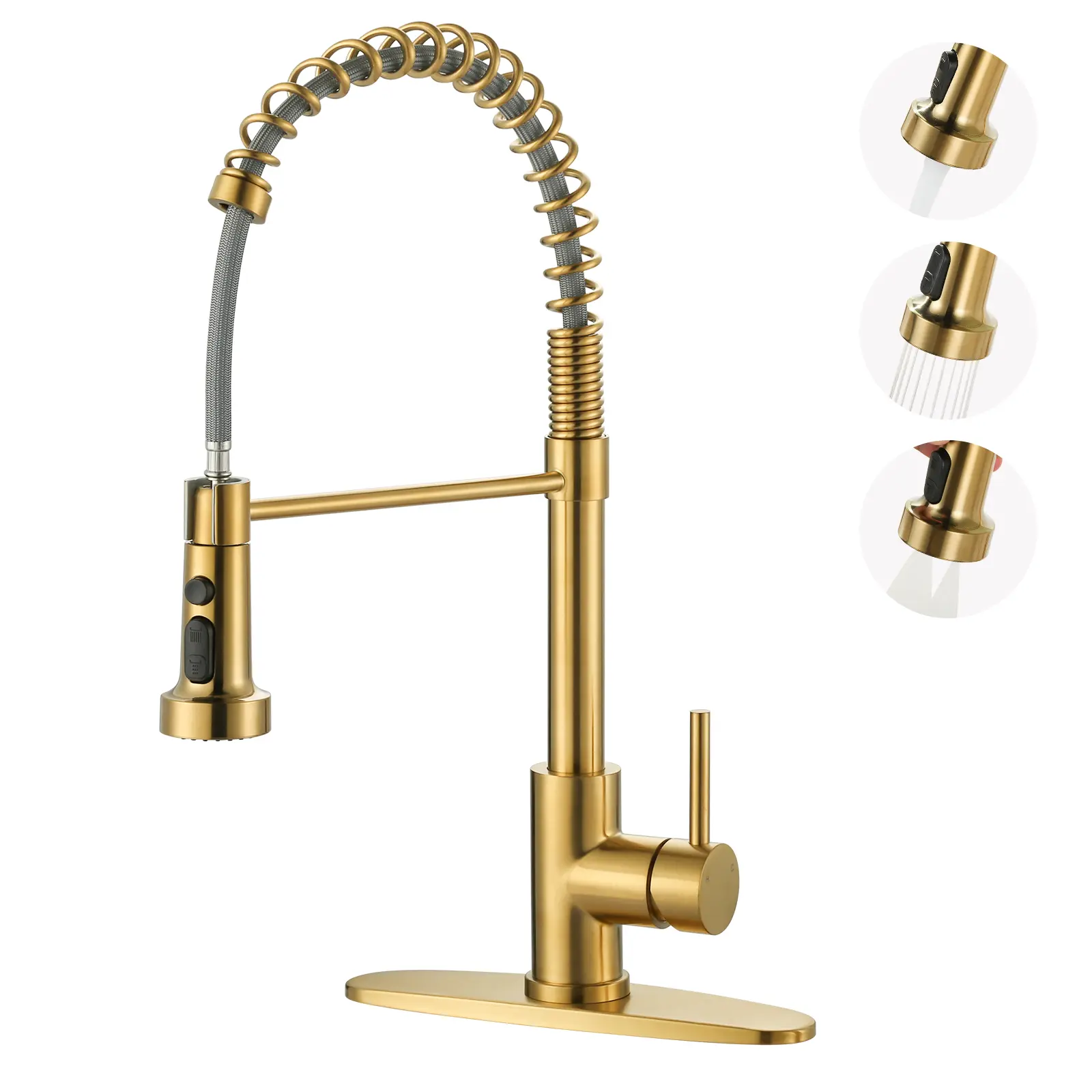 WOWOW Modern High Arc Stainless Steel Kitchen Faucet - High Arc Spout, Single Lever Handle, Pull-Down Faucet Sprayer Attachment, Multiple Spray Modes, Included Supply Lines (Gold Finish), High Arc Faucet