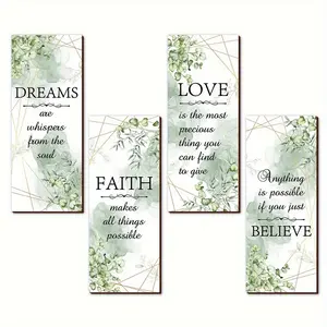 4pcs Inspirational Wooden Wall Art Set - Dreams, Beliefs, Love, Confidence - Fresh Green Patterns for Home & Bathroom Decor | Country Style Wooden Wall Art Decoration for Bedroom & Living Room | Perfect Gift for Girls