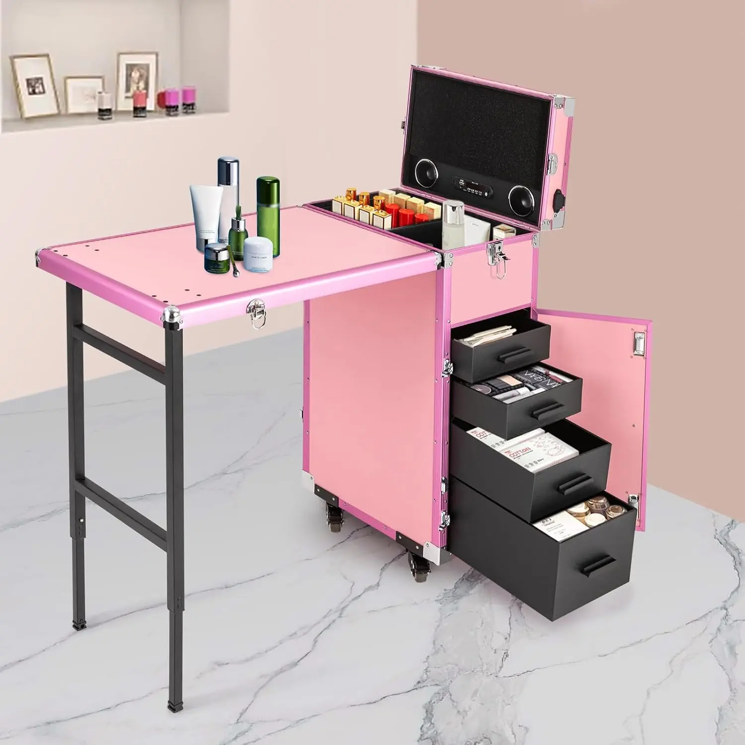 Professional Rolling Makeup Case - 50kg Load Capacity, Foldable Nail Table Travel Cosmetic Trolley, 4 Drawers, Mirror, Speaker, 5.91ft Power Cord, Black Organizer for Artists