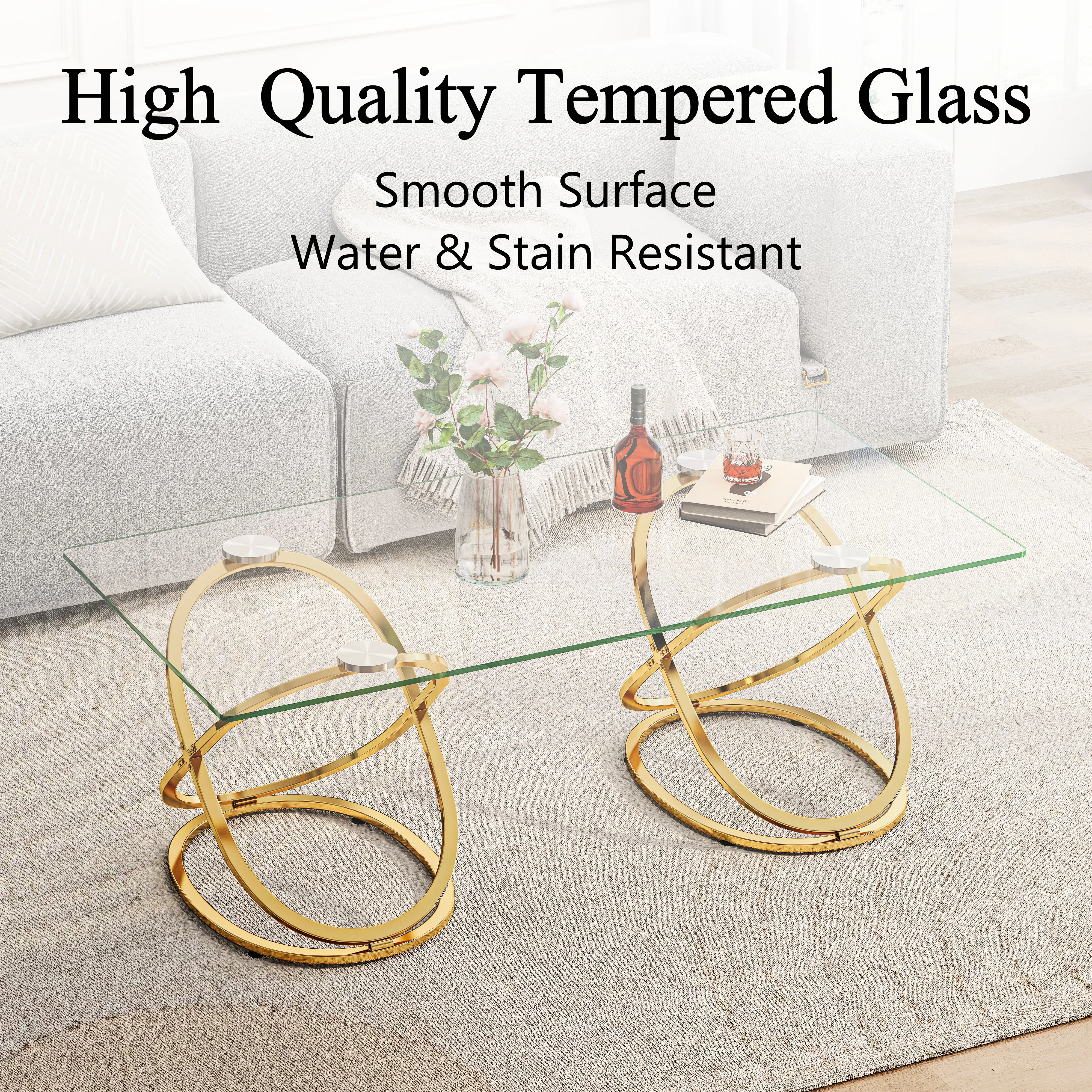 Modern Gold Coffee Table for Living Room, Clear Tempered Glass & Metal Frame, Rectangle Luxury Center Table for Home Office