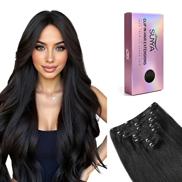 SUYYA Real Human Hair Clip in Extensions - 7-Piece Gift Set, 12-24in Glueless Natural Straight Hairpieces, Multiple Colors, Easy Care Tips, Natural Look, Straight Strands, Hair Extensions Clip Ins