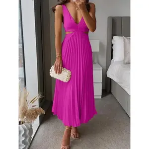 Ocean Style 2026 Summer Camisole Dress, Elegant V-Neck Sleeveless Hollow Backless Pleated A-Line Dress