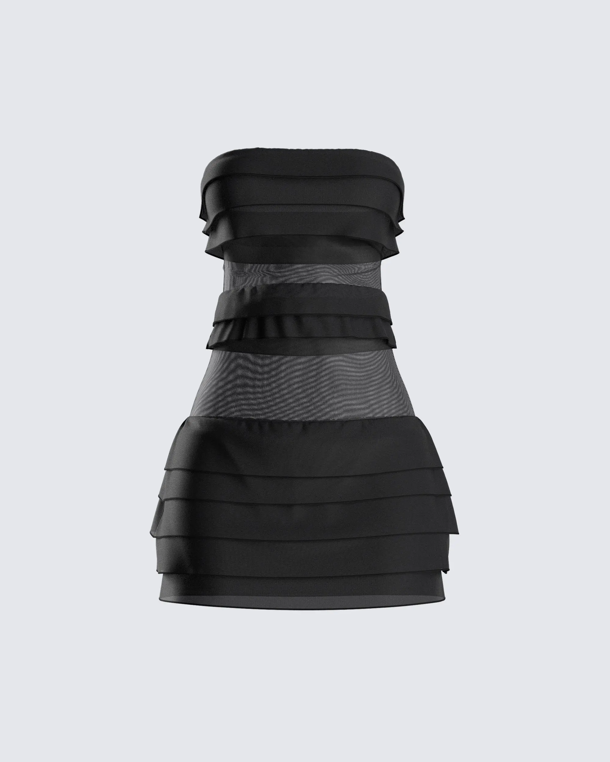 Women's Black Mini Dress, Strapless Bodycon Fit with Tiered Mesh Ruffles - Dark Aesthetic Spandex Going Out Dress, Sheer, Peekaboo Mesh, Ootd Inspo, Evening, Machine Washable, Solid, Spandex Blend, Polyester, Casual, Tiered Ruffles, Sleeveless