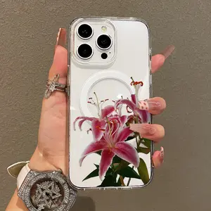 Trendy Magnetic Case for iPhone11/12/13/14/15/16/17/promax, Pink Lilies Ultra Slim, MagSafe Support, Shockproof | Playful & Fun Style