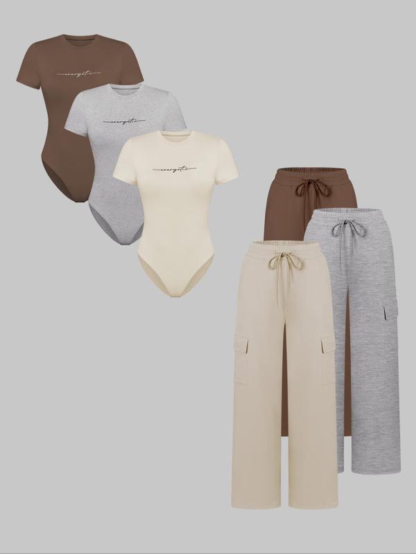 Women's Knit Letter Print Two-Piece Set, Casual Fitted Short Sleeve Jumpsuit & Long Pants, All Seasons Fashion