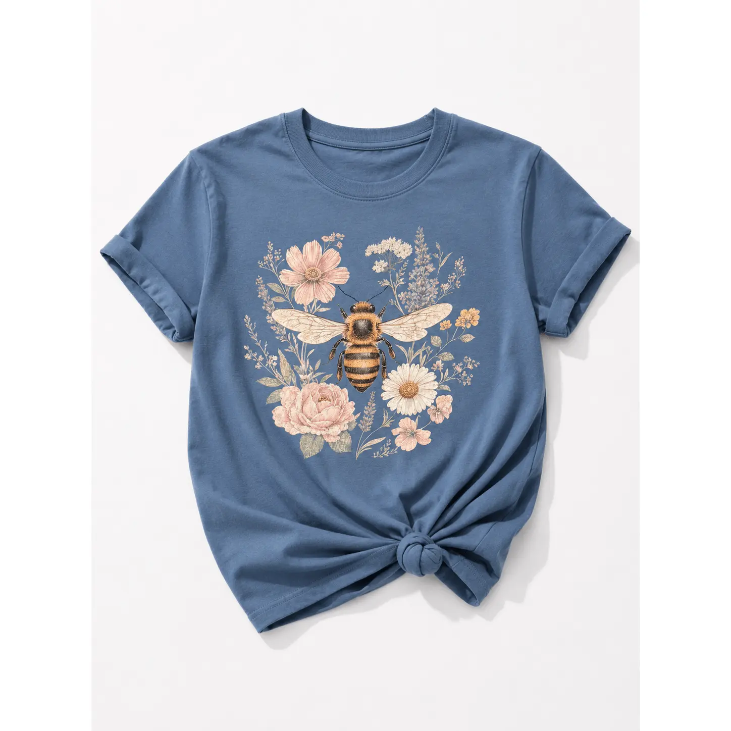 Plus/Reg Short Sleeve Vintage Honey Bee and Flowers Graphic Tee