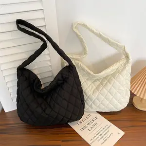Elegant Quilted Shoulder Bags - Soft Nylon Tote with Secure Zipper Closure & Car Suture Design - White & Black Options - 38x34x9cm Dimensions