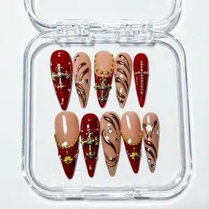 NailBee At-Home Press-On Nails Kit, Red Nude Gothic Cross Stiletto Fake Nails with Gold Accents and Rhinestones, Press-On Nail Solutions