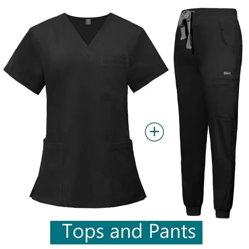 2025Uniform Suit Short Sleeve V-Neck Tops & Jogger Pants Set Multicolor Women's Casual Nursing Uniform for Comfort and Work - Fitted  women Womenswear Workwear Clothes Black