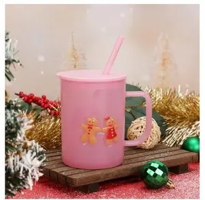 Holiday Time Pink Frosted Acrylic Gingerbread Mug with Lid and Straw 20 oz (NEW)