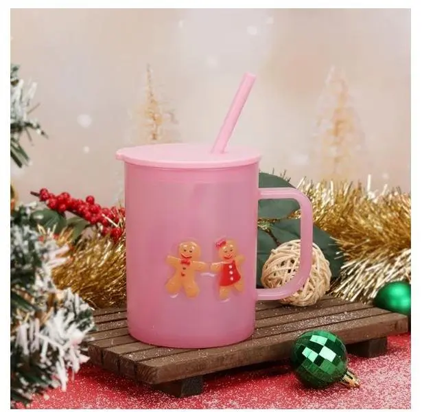 Holiday Time Pink Frosted Acrylic Gingerbread Mug with Lid and Straw 20 oz (NEW)