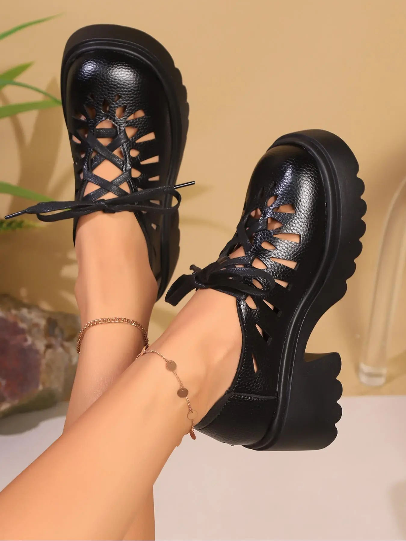 Women's Fashionable Lace Up Platform Korean Chunky Heels, Casual Comfortable Round Toe High Heels for Daily Wear, Female All-match Shoes for Daily Wear, Girl, Footwear, Flatform