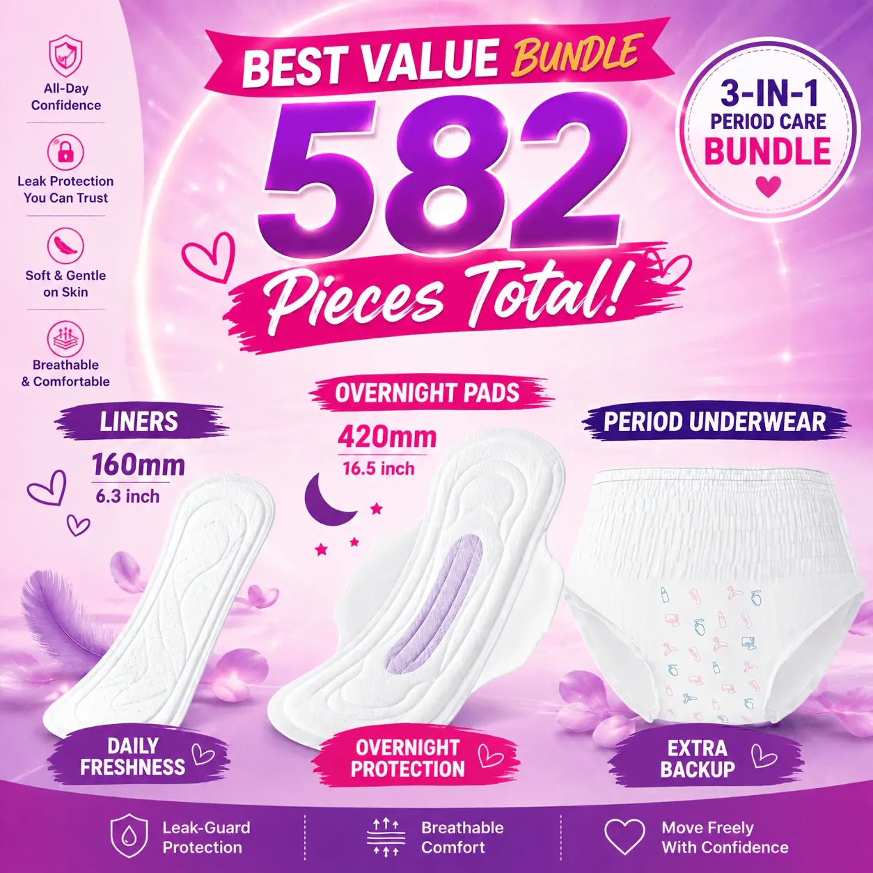 3-in-1 Feminine Hygiene Set for Women, 160mm Panty Liners, 420mm Ultra Long Overnight Pads & Disposable Period Underwear, Soft Breathable Daily and Night Protection