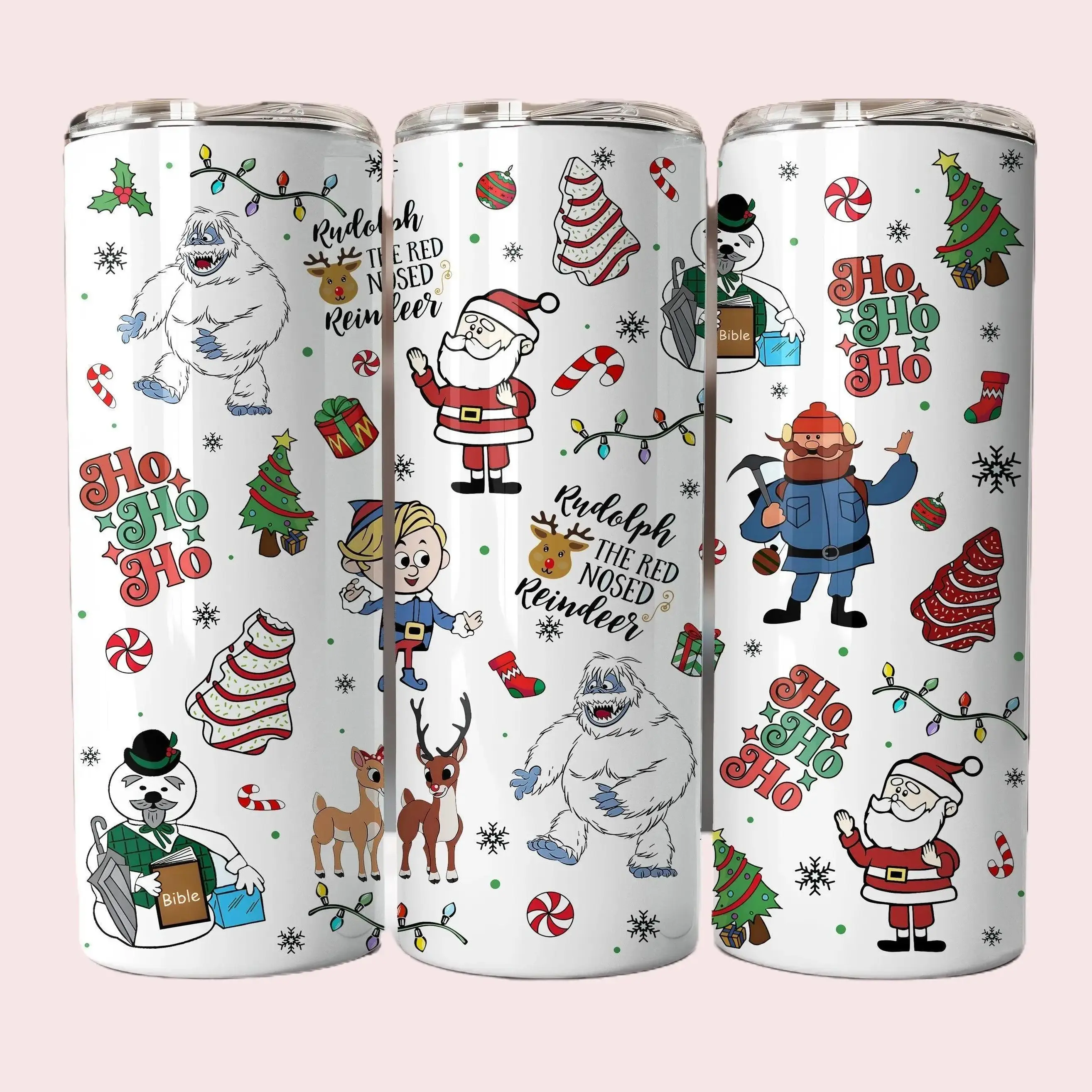 20oz Christmas Rudolph Art Stainless Steel Tumbler, Double-Wall Leak-Proof Insulated Portable Outdoor Drinkware, 3" Diameter, Sip-Open/Close Lid, Dishwasher Safe Vacuum Flask, Skinny, Cylindrical