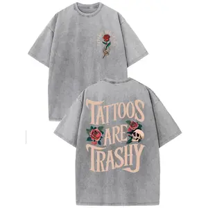 "Tattoos Are Trashy" Vintage Washed Graphic T-Shirt, High Quality Cotton, Men's Black Short Sleeve Tee, Drop Shoulder, Crew Neck, Lengthened Relaxed Fit, Casual Retro Streetwear Tops graphic tee t shirt t shirt for men 90s graphic tees good graphic tees