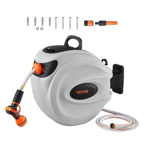 VEVOR Retractable Flexible Water Hose Reel with All-Weather Purpose Shell, 65FT/84FT/100FT/115FT/130FT Max Length, Wall-Mounted Metal Bracket, 180° Swivel Reach, 3000+ Tested Spring, Automatic Rewind, Position Lock, Slow Return System, 9-Pattern Nozzle