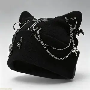 Women's Gothic Cat Ear Beanie with Punk Chain And Bat Pendant, Y2K Grunge Adjustable Winter Hat, Washable Black Streetwear Headwear