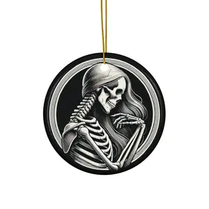 Spooky Ceramic Ornament for Halloween Home Decor, Skeleton with Long Hair, Fall Holiday Gift - Circle, Star, Heart and Oval Shapes