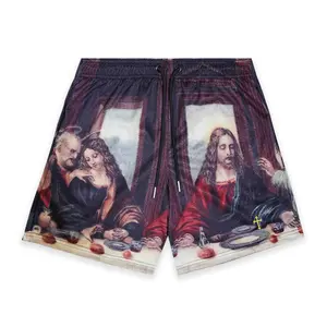 Last Supper Art Print Mesh Shorts, Vintage Renaissance Painting Graphic Streetwear, Breathable Athletic Summer Drawstring Casual Gym Shorts Unisex