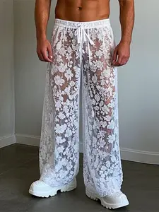 INCERUN Men's Fashion Transparent Lace Fabric Solid Color Long Pants, Summer Daily Wear, Stylish and Comfortable, Perfect for Casual, Casual Fitted Pants, Casual Fit Bottoms