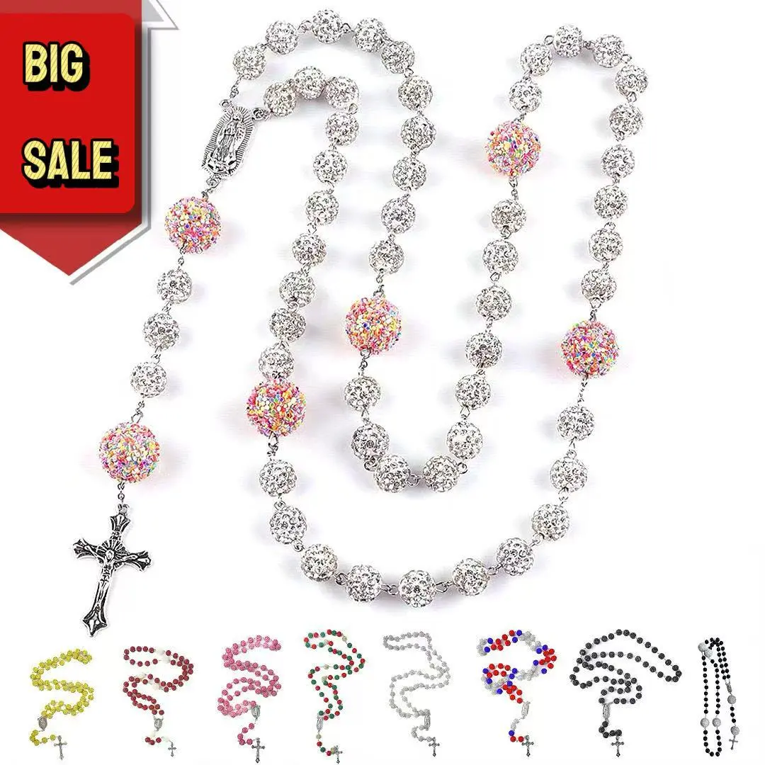 Colorful Bead Rosary Necklace Vibrant Multicolor Rosary Cross Pendant Necklace Prayer Beads Car Decor Daily Pray Fashionable Tiktok Viral