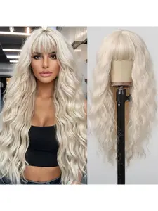 Platinum Wigs for Women Long Platinum Blonde Curly Wigs With Bangs Heat Resistant Fiber Synthetic Wavy White Wigs for Girls Party Daily Use 26 inchinch