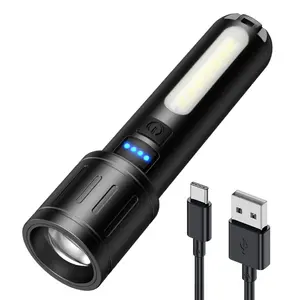 Black Panda-Zoom Flashlight Up to 500m Spotlight + COB Floodlight! Mechanical Focus, 5 Modes, for Hiking & EDC