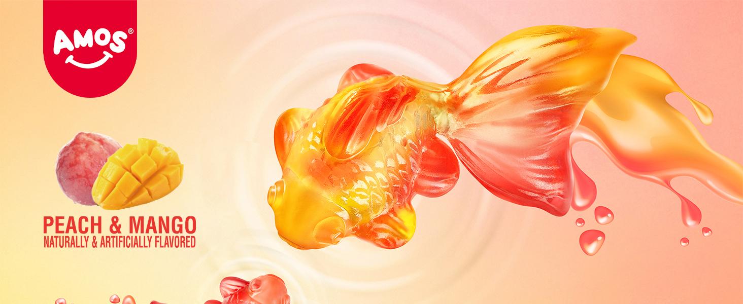 Amos 4D Gummy Lucky Fish Candy, 3D Goldfish-Shaped Gummies with Mango & Peach Juice, 65g per Bag, Gluten-Free Snack