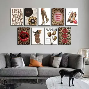 9pcs/set Leopard And Pink Fashion Women And Leopard Wall Art Poster Art Waterproof Paper Sticker Coffee House Bar Room Wall Decoration Artistic Leopard Print Design