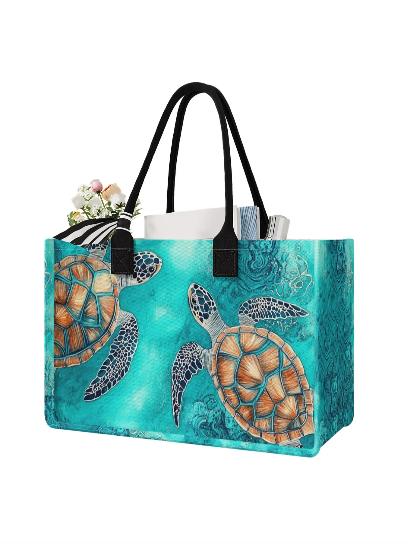 Large Capacity Turtle Print Storage Bag, Patterned Bag, Durable Handle, Space Saving Multi-Purpose, Ideal for School, Travel, Shopping, Casual Shopping Bag, Travel Essentials