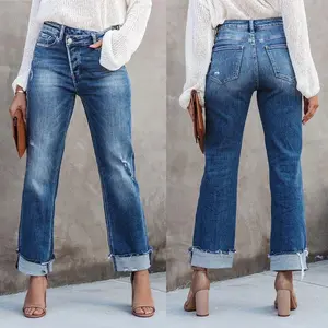 Women'sHighWaistedStraightLegJeansCrossoverStretchCasualCuffedDenimPants