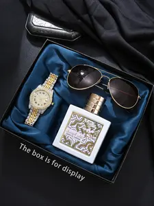 Luxury Three-Piece Set: Rhinestone Roman Gold Watch, Golden Sunglasses, Platinum Perfume Bottle, Elegant Gift for Men, Includes Silk Box, Exquisite Watch Set