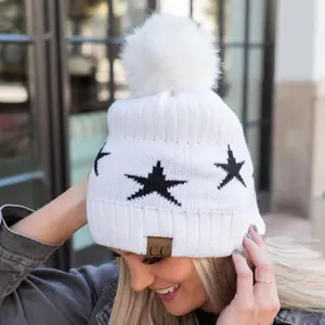 CC Beanie with Quality Faux Fur Pom & Star Pattern