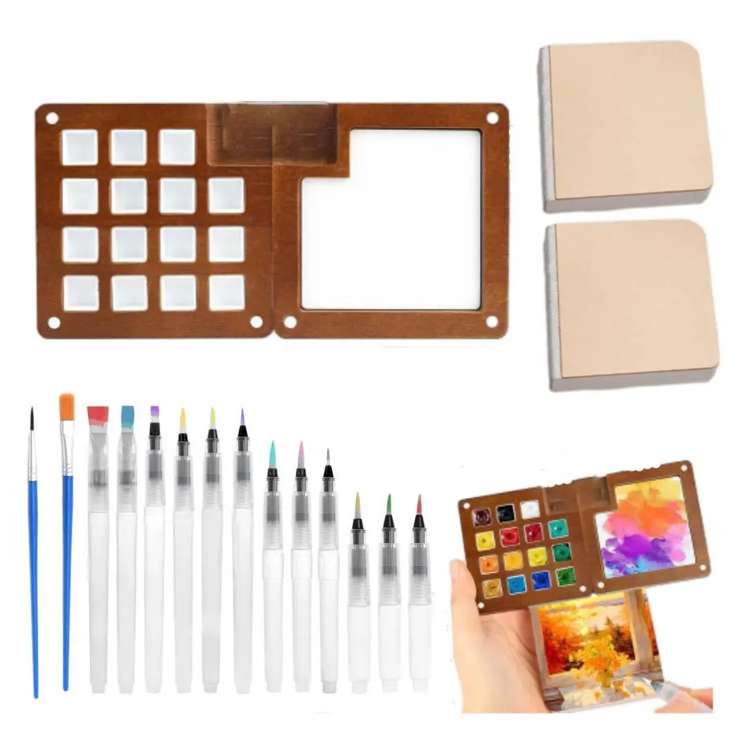 Portable Mini Watercolor Set with Premium Materials Compact Walnut Wood Palette - Travel-Ready Kit with 14 Brushes, 2 Grid Sketchbooks for Artists - Birthday Gift for On-the-Go Creativity, 2.9x5.9 Inches