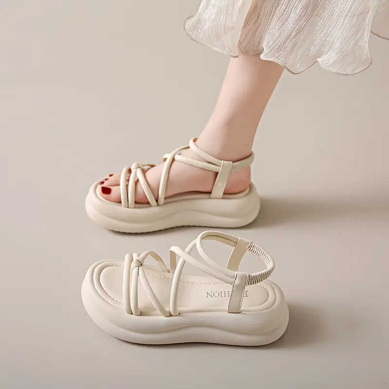 Women's Summer New Flat Platform Sandals - Round Toe, Elastic Cross Straps, Casual Wear Footwear with Platform Sole