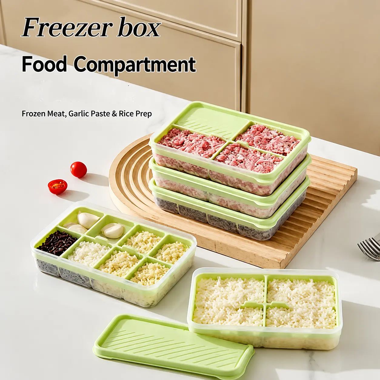 4-Grid & 8-Grid Optional Reusable Freezer Food Storage Box, Clear Green Stackable Meal Prep Container, Divided Tray for Meat, Vegetable, Fruit, Refrigerator Organizer for Kitchen