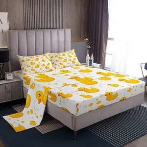 Cute Yellow Duck Bed Sheets Set,Kawaii Rubber Duck Bedding Set for Kids Girls Boys,Cartoon Animal Print Sheets,Gifts for Pet Lovers Funny Duck Fitted Sheet Set