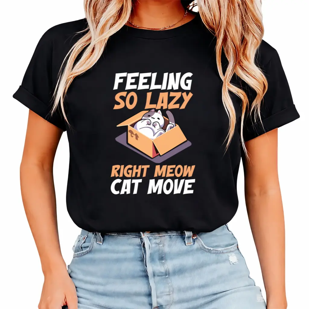 Women's Funny Cat Lover Short-Sleeve T-Shirt - Feeling So Lazy Right Meow, Graphic Tee with Sleeping Kitty Box Design, Soft Heavyweight Casual Fabric, Relaxed Fitted Round Neck, for Everyday & PJ Parties, Unisex 2026 Summer Breathable Top, Garments, Short