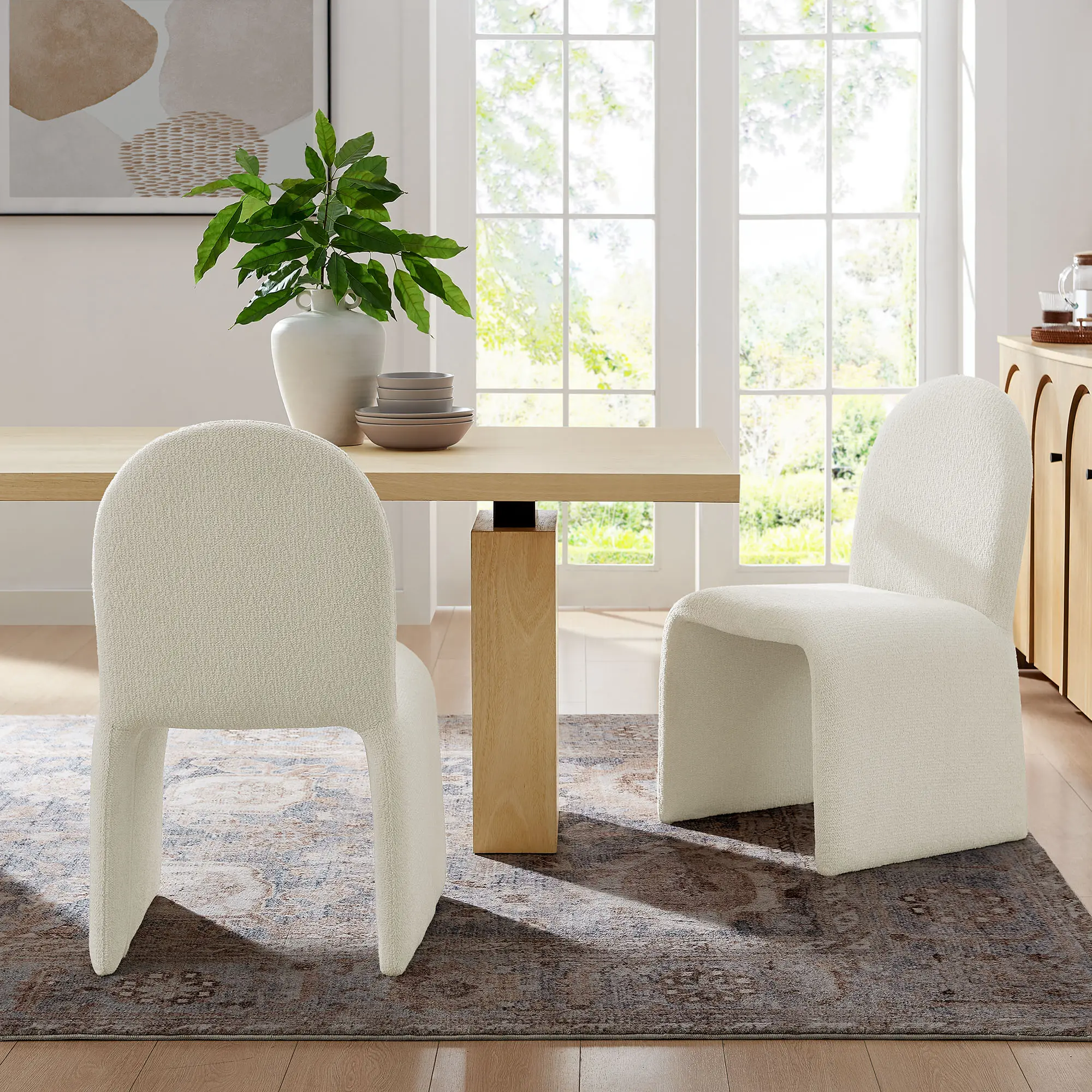Junia Cream Boucle Upholstered Fabric Armless Legged Arch Dining Chair, Comfy Indoor Furniture Chair, Armless Legged Chair, Comfy Dining Chairs