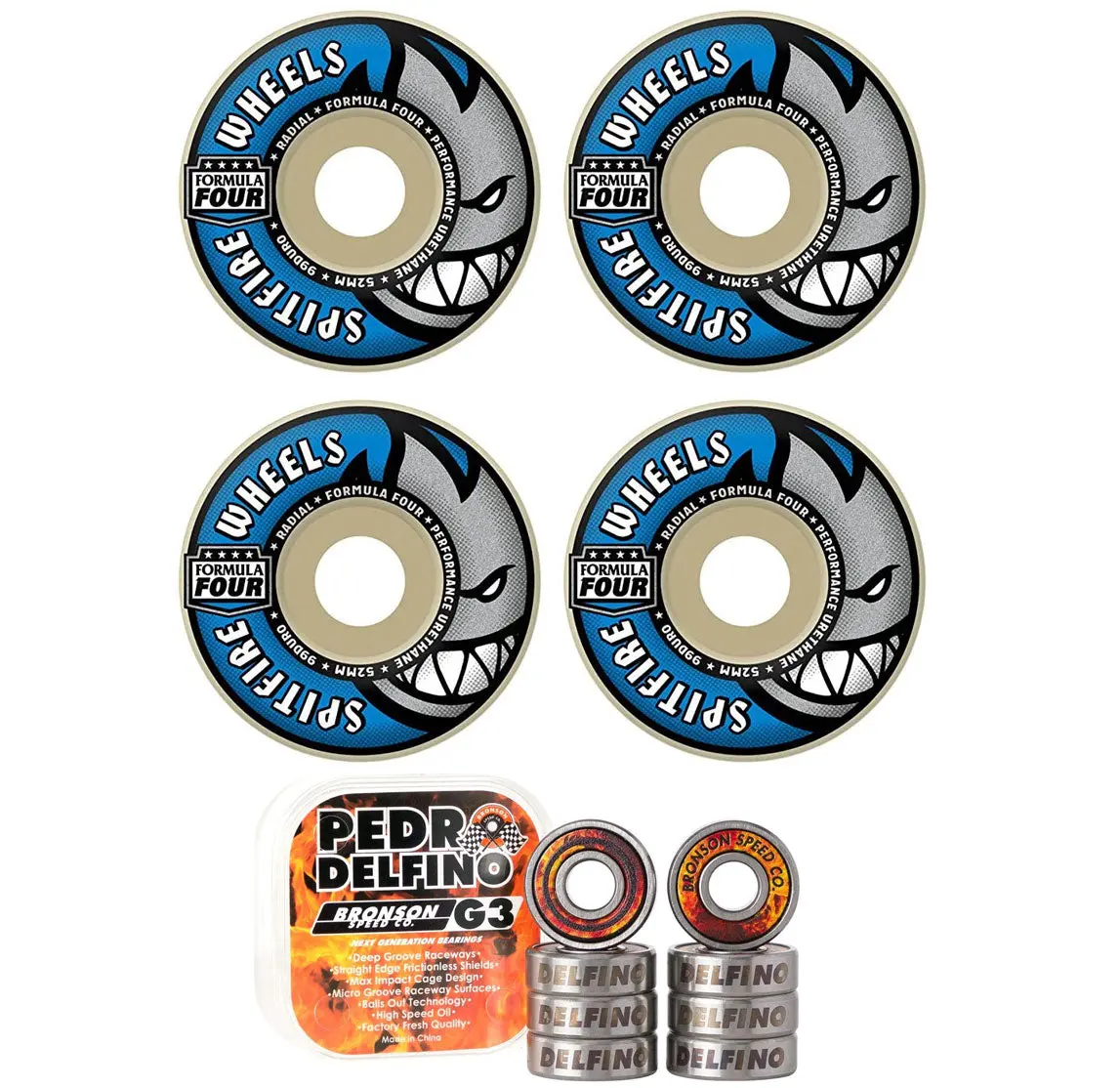 Spitfire Skateboard Wheels 52mm 99A F4 Radial with Bronson Pro G3 Bearings
