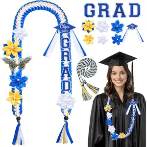 50'' Class of 2026 Graduation Lei and Cord Set Double Braided Floral Necklace Graduation Ribbon Leis Graduate Gift with Grad Patch for Men Women Ceremony Grad Party Supplies