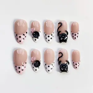 3D Black cat nails/French press on nails long almond nails/Cute nails/Pink polka dot nails/Heart button nails/Kawaii nails/Birthday nails